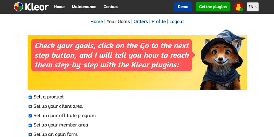Preview of the Your Goals page in the client area